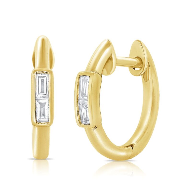14K Yellow Gold Hoops with .08ctw Baguette Diamonds 1/2″ Earrings 2