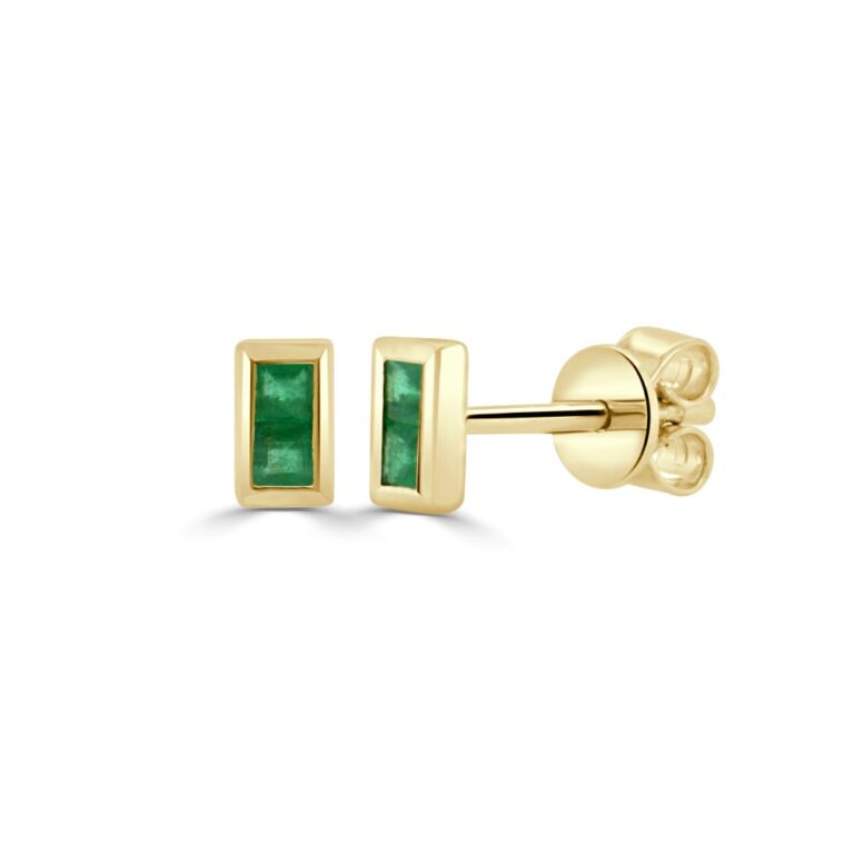 14K Yellow Gold Bezel Studs with .16ctw Baguette Emeralds Earrings 2