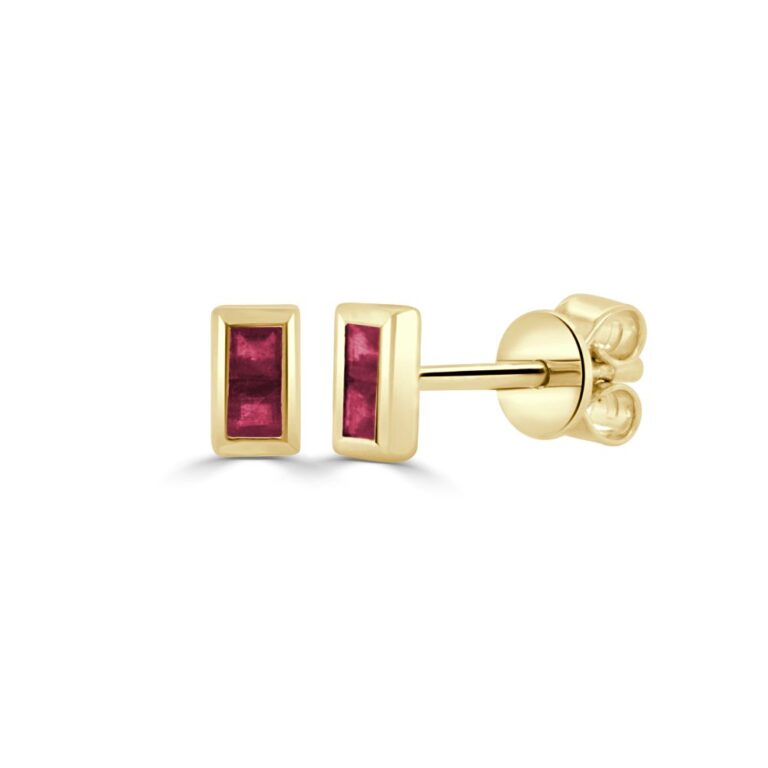 14K Yellow Gold Bezel Studs with .28ctw Baguette Rubies Earrings 2