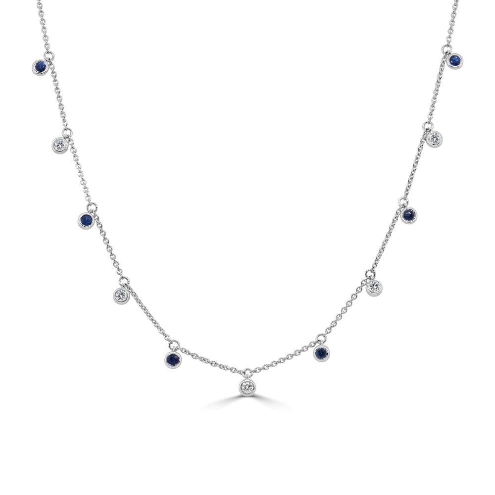 14K White Gold Dangle Necklace with .40ctw Blue Sapphires & .24ctw Diamonds 16-18″ Fine Jewelry
