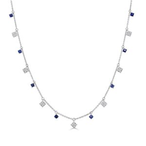 14K White Gold Station Necklace with .62ctw Princess Cut Blue Sapphires & .44ctw Diamonds 16-18