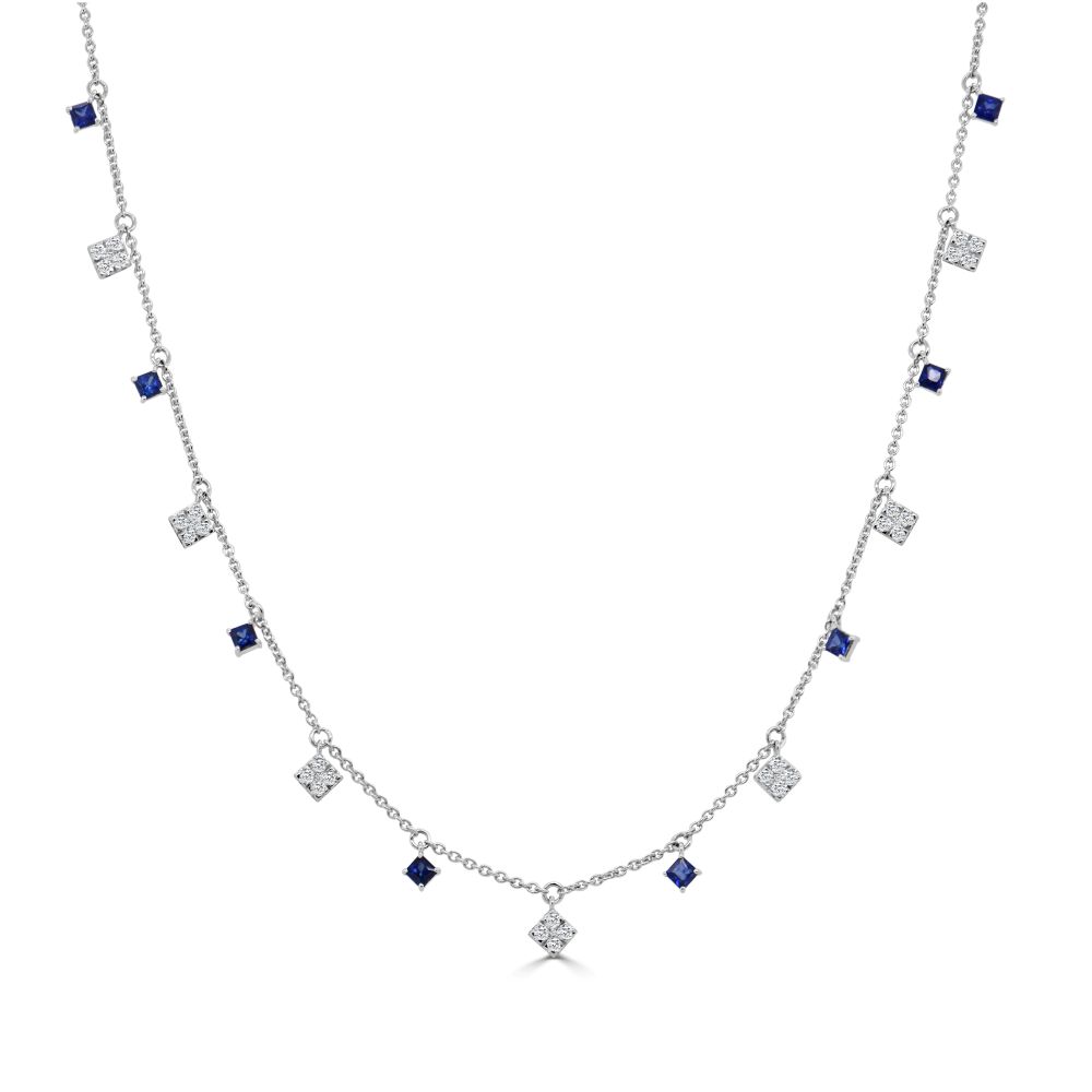 14K White Gold Station Necklace with .62ctw Princess Cut Blue Sapphires & .44ctw Diamonds 16-18″ Fine Jewelry