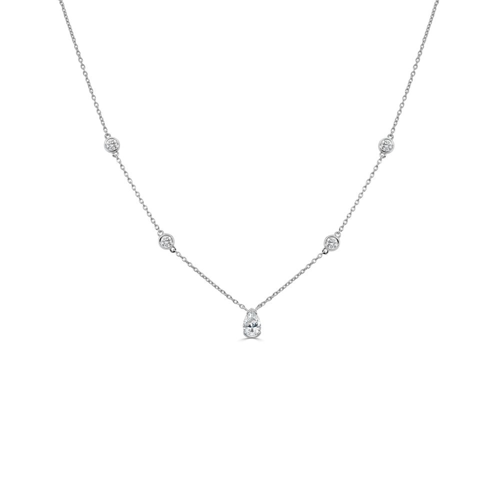 14K White Gold Station Necklace with .59ctw Pear & Round Diamonds 14-18″ Fine Jewelry