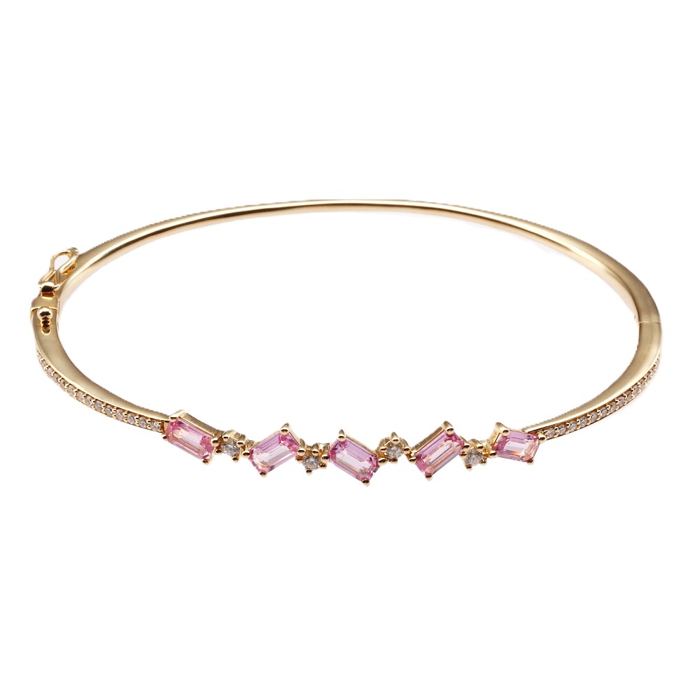 14K Yellow Gold Bangle with 1.75ctw Emerald Cut Pink Sapphires & .99ctw Diamonds Size 6.25 Bracelets