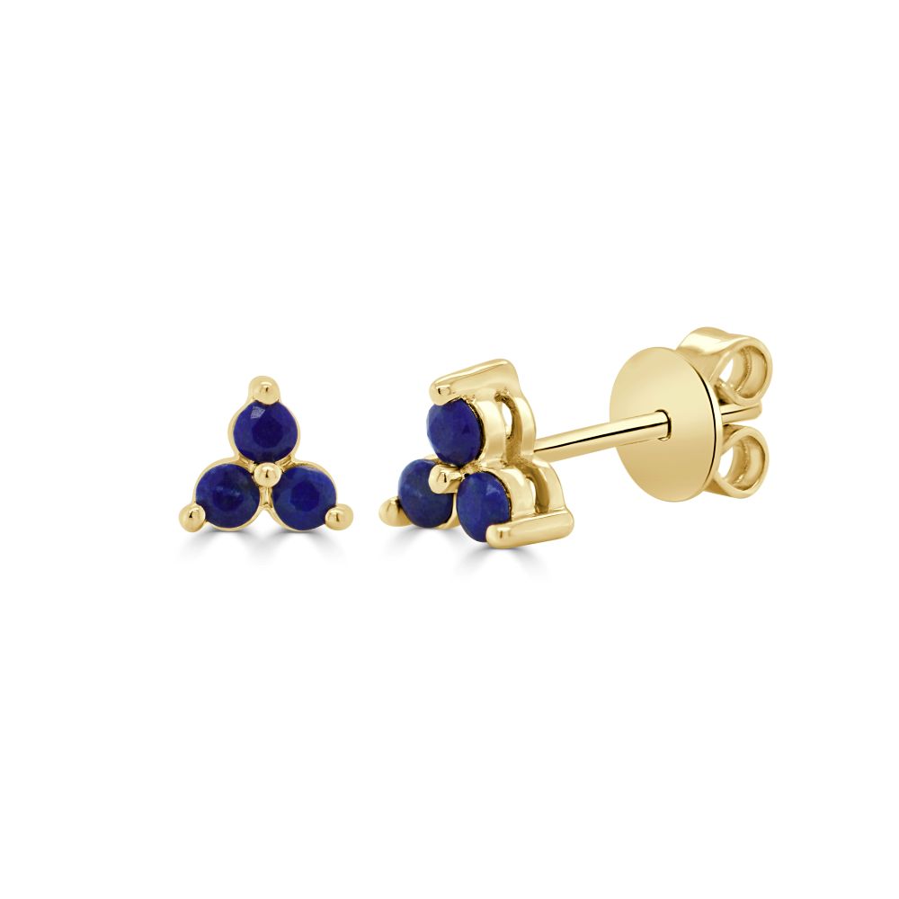 14K Yellow Gold Three Stone Studs with .22ctw Blue Lapis Earrings