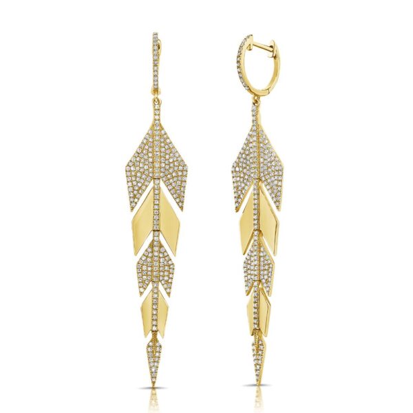 14K Yellow Gold Feather Drop Earrings with 1.20ctw Diamonds Earrings 3