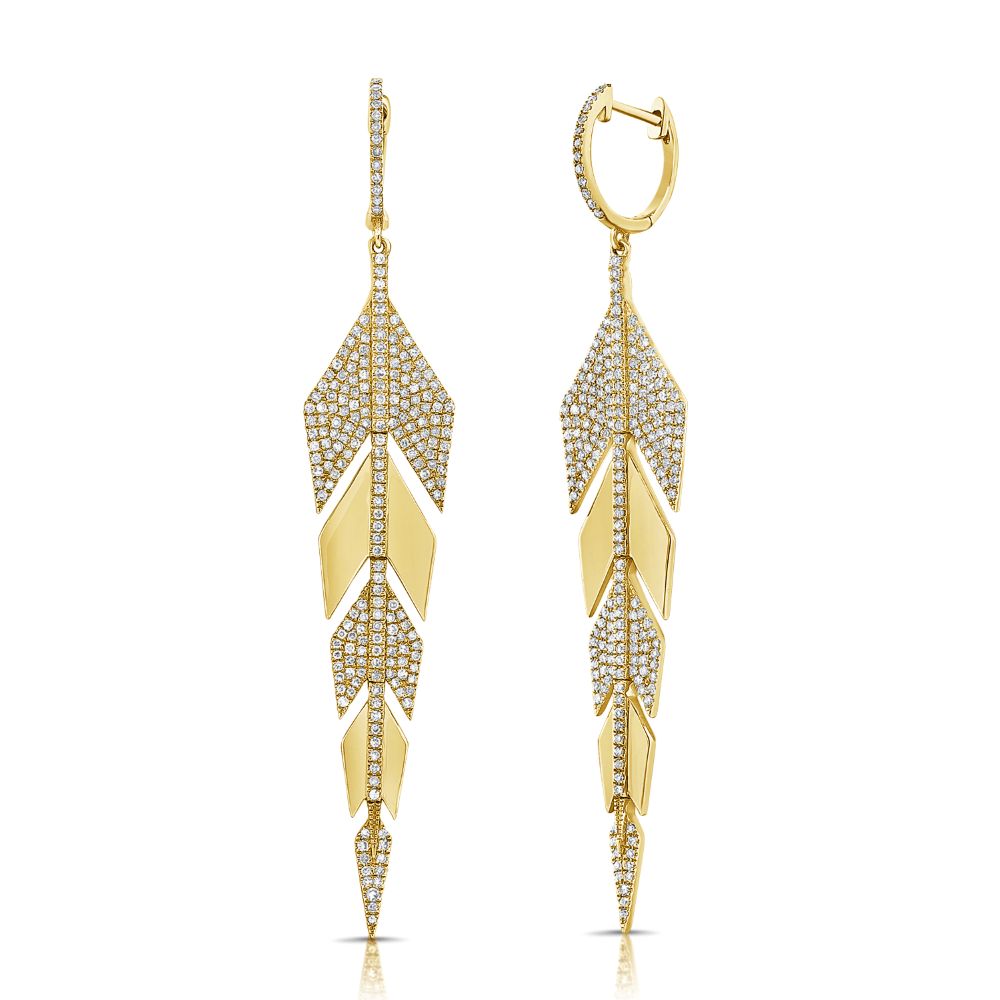 14K Yellow Gold Feather Drop Earrings with 1.20ctw Diamonds Earrings