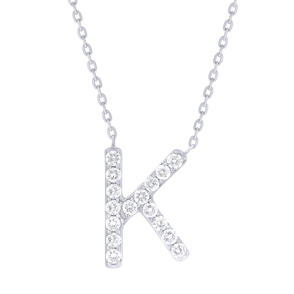 14K White Gold Initial Letter “K” Pendant with .27ctw Diamonds 14-18″ Fine Jewelry