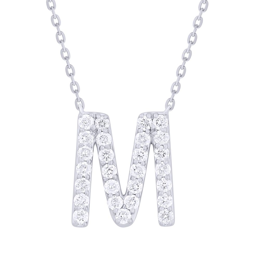 14K White Gold Initial Letter “M” Pendant with .46ctw Diamonds 14-18″ Fine Jewelry