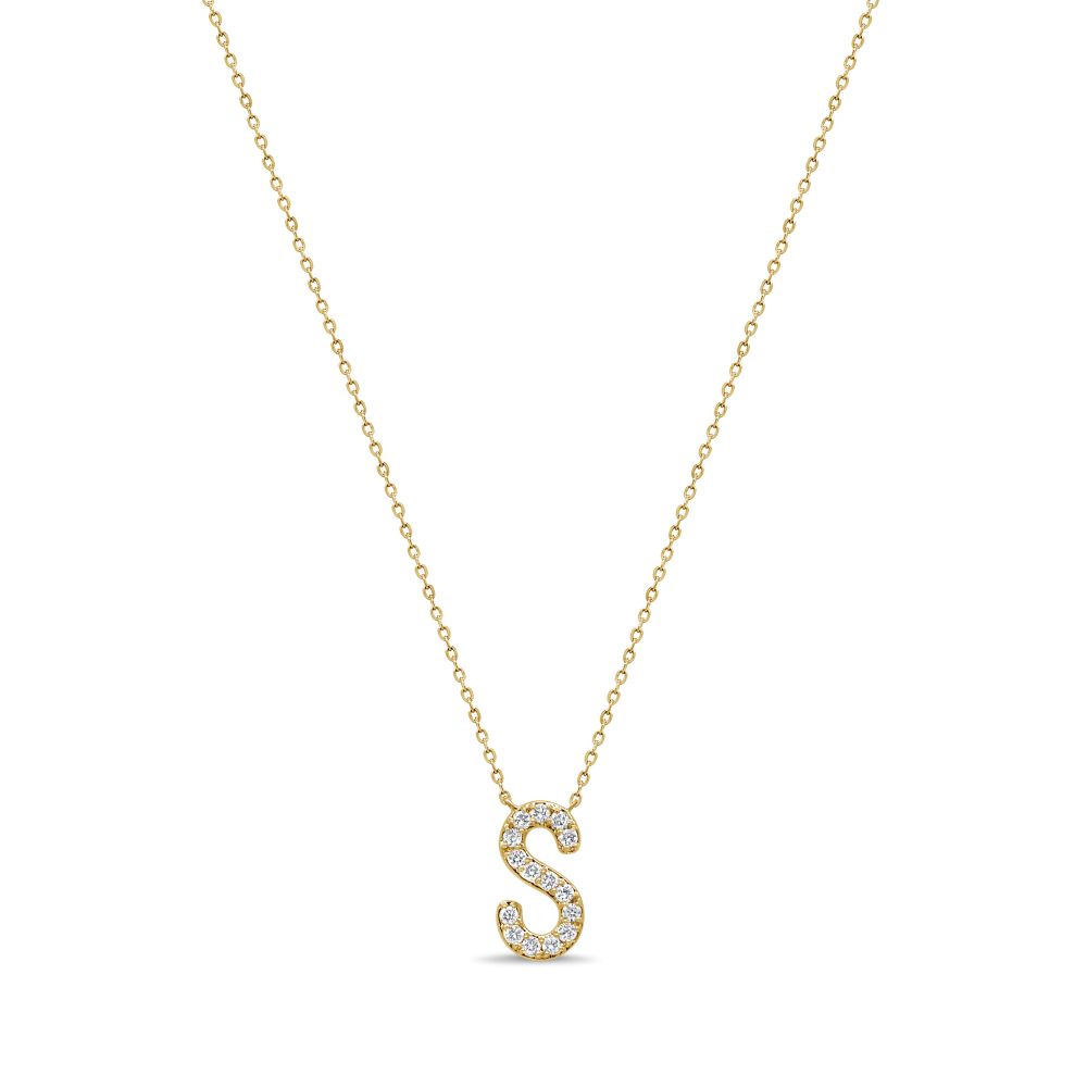 14K Yellow Gold Initial Letter “S” Pendant with .23ctw Diamonds 14-18″ Fine Jewelry