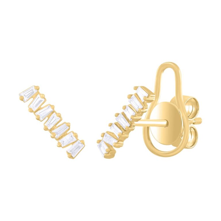 14K Yellow Gold Bar Studs with .14ctw Baguette Diamonds Earrings 2