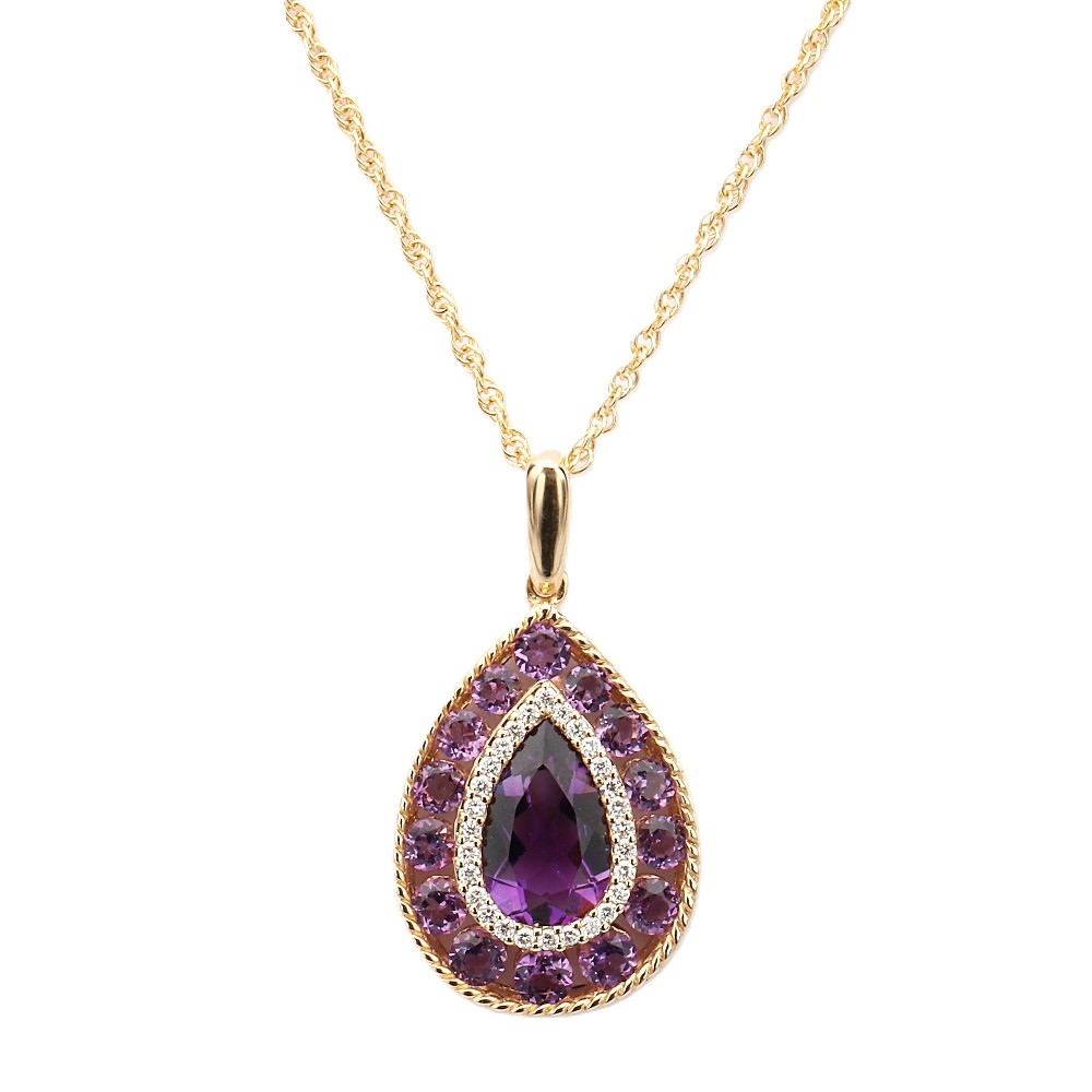 14K Yellow Gold Halo Pendant with 1.95ctw Amethyst & .20ctw Diamonds 18″ Fine Jewelry