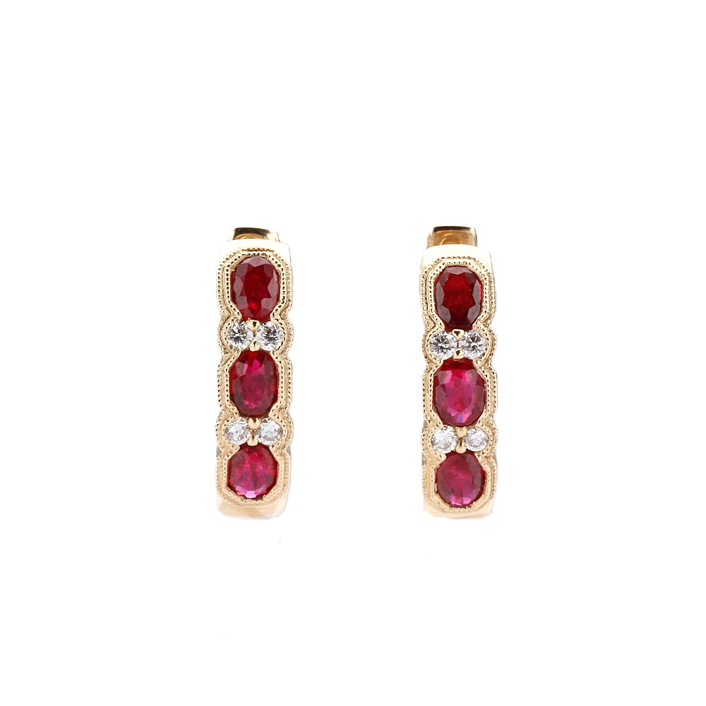 14K Yellow Gold Hoops with 1.30ctw Oval Rubies & .15ctw Diamonds Earrings