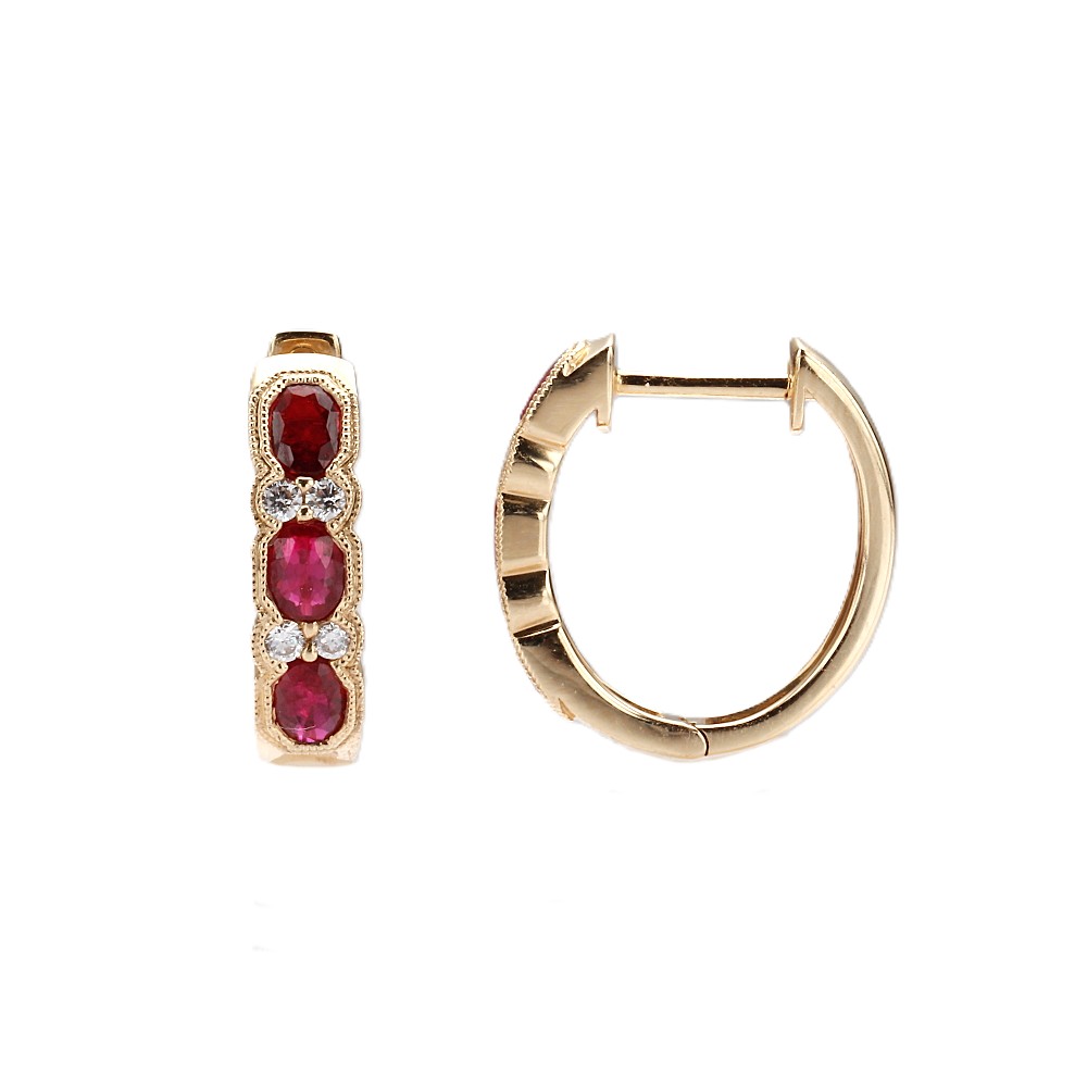 14K Yellow Gold Hoops with 1.30ctw Oval Rubies & .15ctw Diamonds Earrings 2