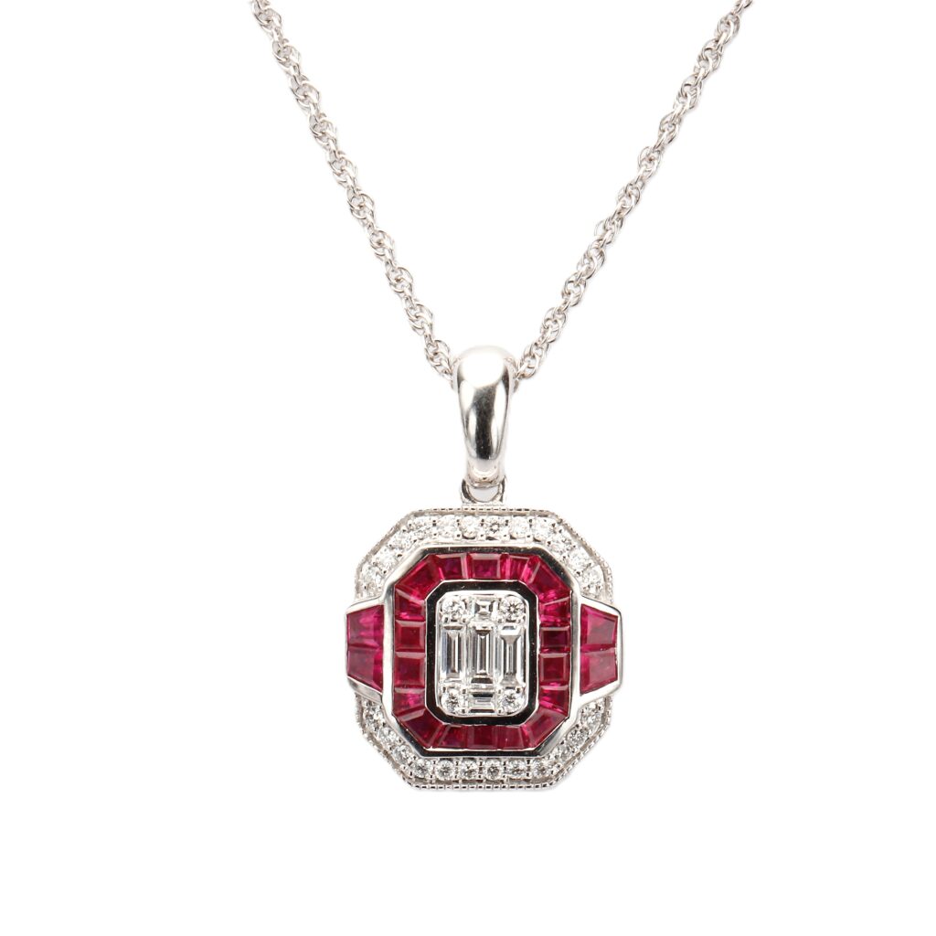 14K White Gold Pendant with 1.02ctw Baguette Rubies & .33ctw Diamonds 18″ Fine Jewelry 2