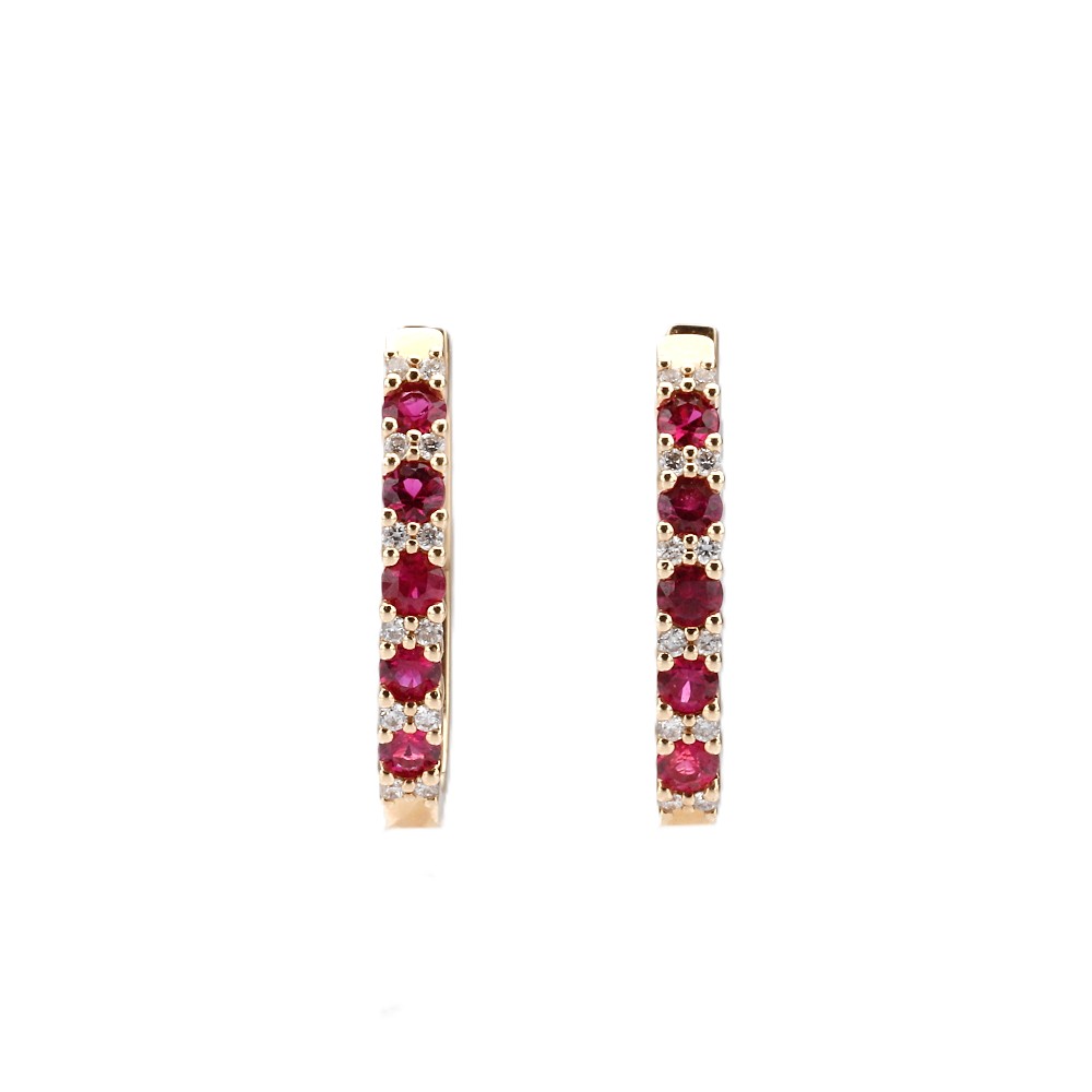 14K Yellow Gold Hoops with .45ctw Rubies & .10ctw Diamonds Earrings