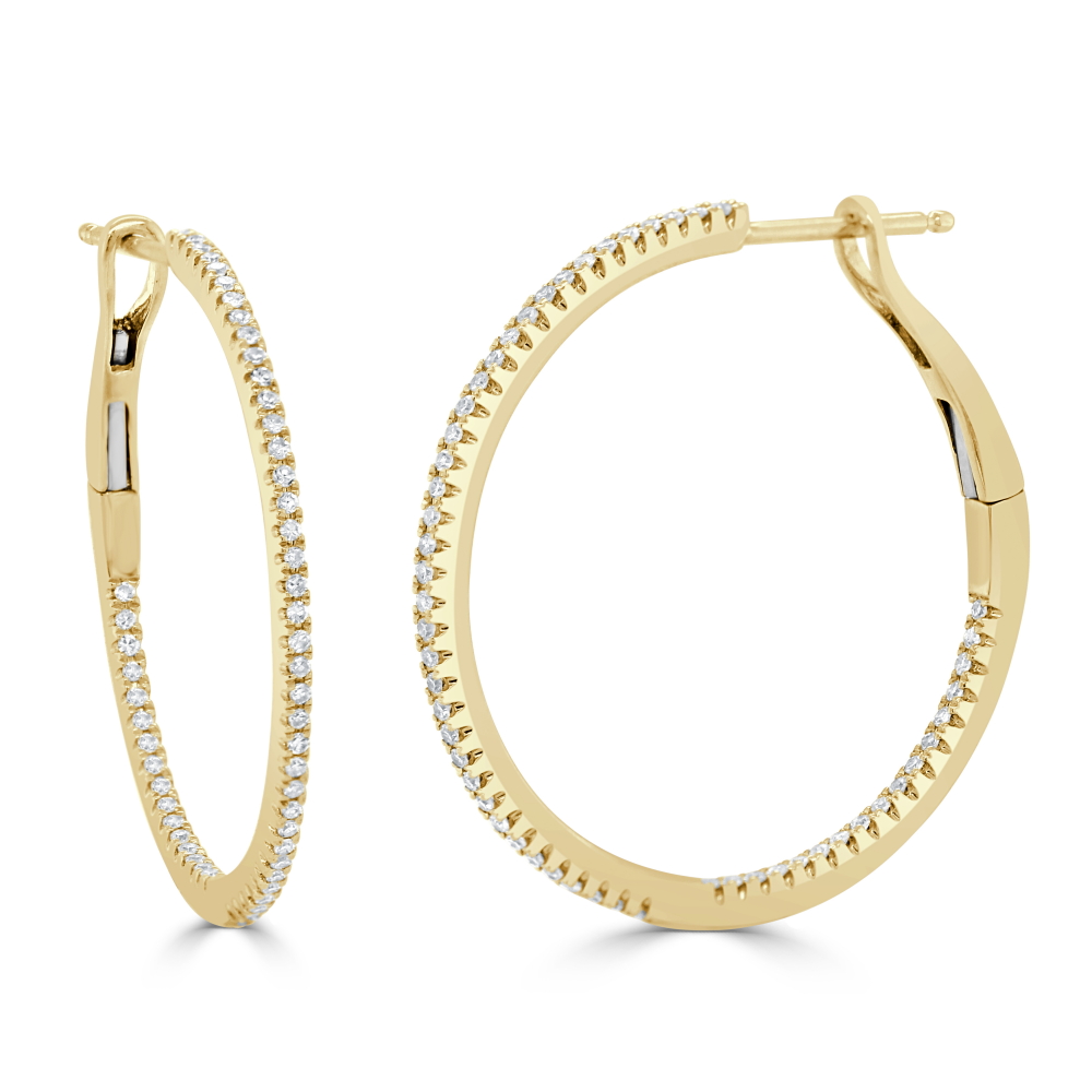 14K Yellow Gold In & Out Hoops with .31ctw Diamonds 1″ Earrings