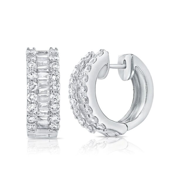 14K White Gold Huggies with 1.25ctw Baguette & Round Diamonds Earrings 3