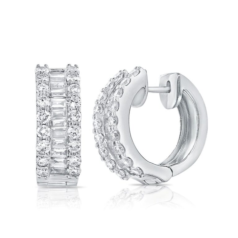 14K White Gold Huggies with 1.25ctw Baguette & Round Diamonds Earrings 2