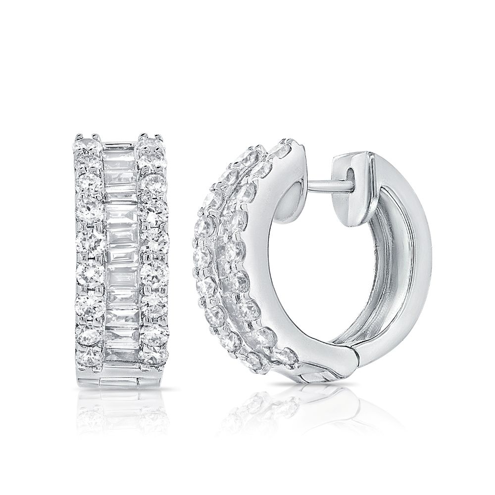 14K White Gold Huggies with 1.25ctw Baguette & Round Diamonds Earrings