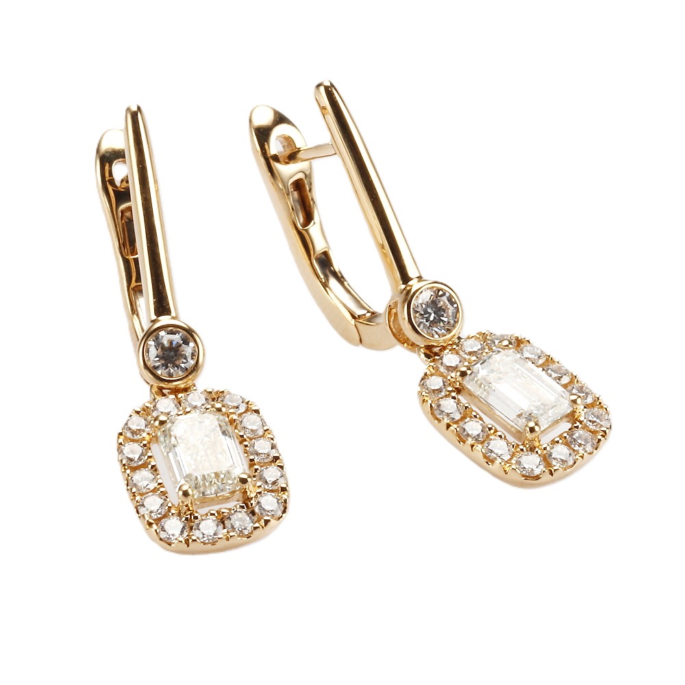 18K Yellow Gold Halo Dangle Earrings with 1.17ctw Emerald Cut & Round Diamonds Earrings 2