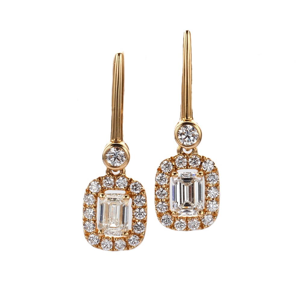 18K Yellow Gold Halo Dangle Earrings with 1.17ctw Emerald Cut & Round Diamonds Earrings