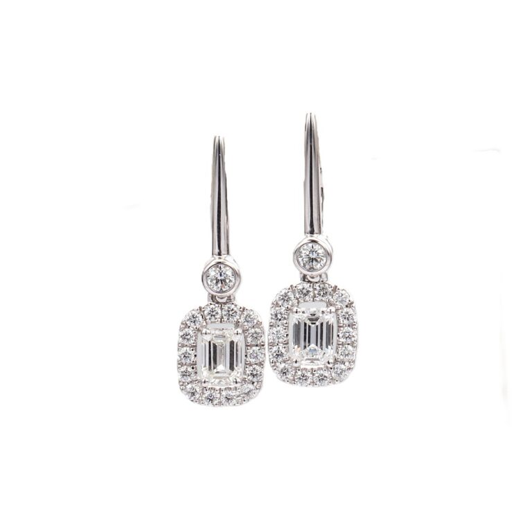 18K White Gold Halo Dangle Earrings with 1.14ctw Emerald & Round Diamonds Earrings 3