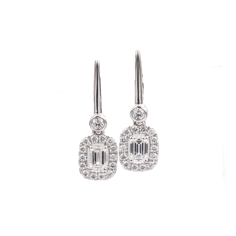 18K White Gold Halo Dangle Earrings with 1.14ctw Emerald Cut & Round Diamonds Earrings
