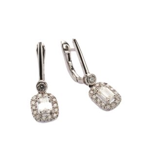 18K White Gold Halo Dangle Earrings with 1.14ctw Emerald Cut & Round Diamonds