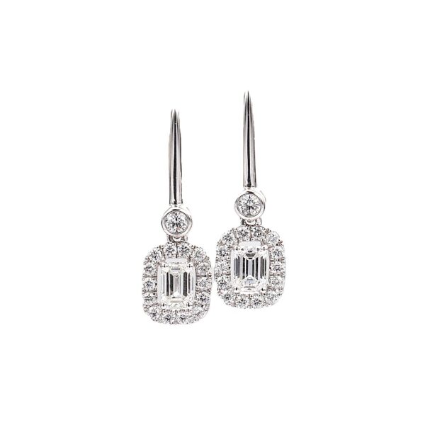 18K White Gold Halo Dangle Earrings with 1.07ctw Emerald Cut & Round Diamonds Earrings 5