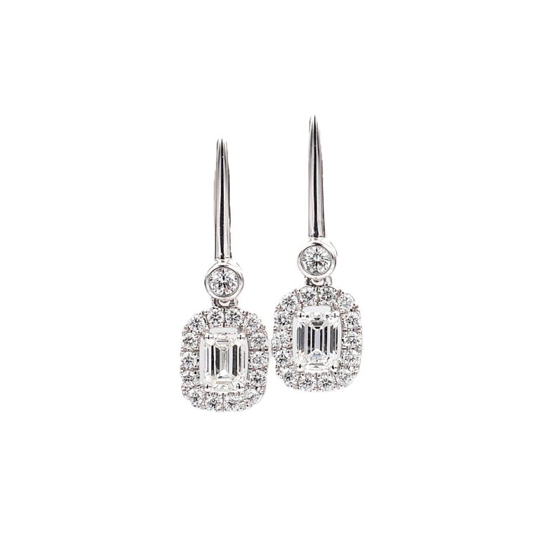 18K White Gold Halo Dangle Earrings with 1.07ctw Emerald & Round Diamonds Earrings 3