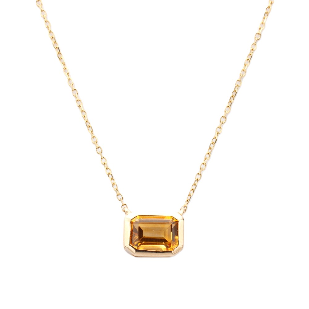 14K Yellow Gold November Birthstone Bezel Pendant with 1.10ct Emerald Cut Citrine 16-18″ Fine Jewelry