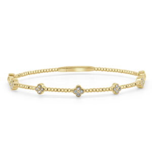 14K Yellow Gold Flexible Clover Station Bangle with .45ctw Diamonds Size 6.75