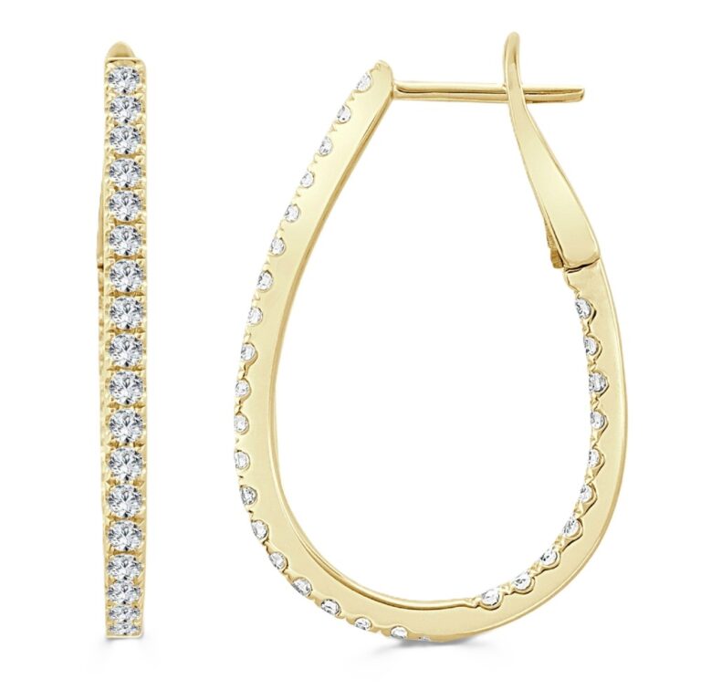 14K Yellow Gold In & Out Tear Drop Shape Hoops with .93ctw Diamonds 1.25″ Earrings 2