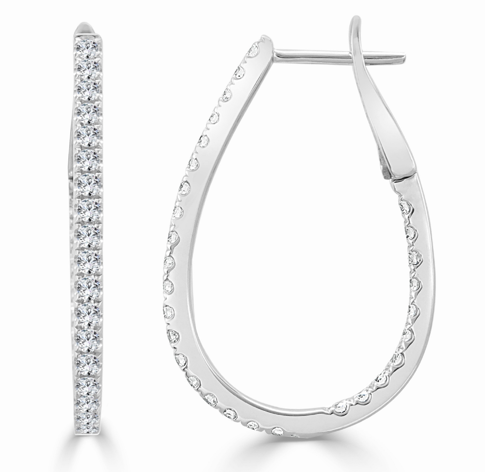 14K White Gold In & Out Tear Drop Hoops with .93ctw Diamonds 1.25″ Earrings