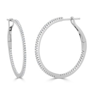 14K White Gold In & Out Skinny Hoops with .31ctw Diamonds 1