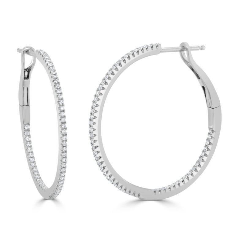 14K White Gold In & Out Skinny Hoops with .31ctw Diamonds 1″ Earrings 2