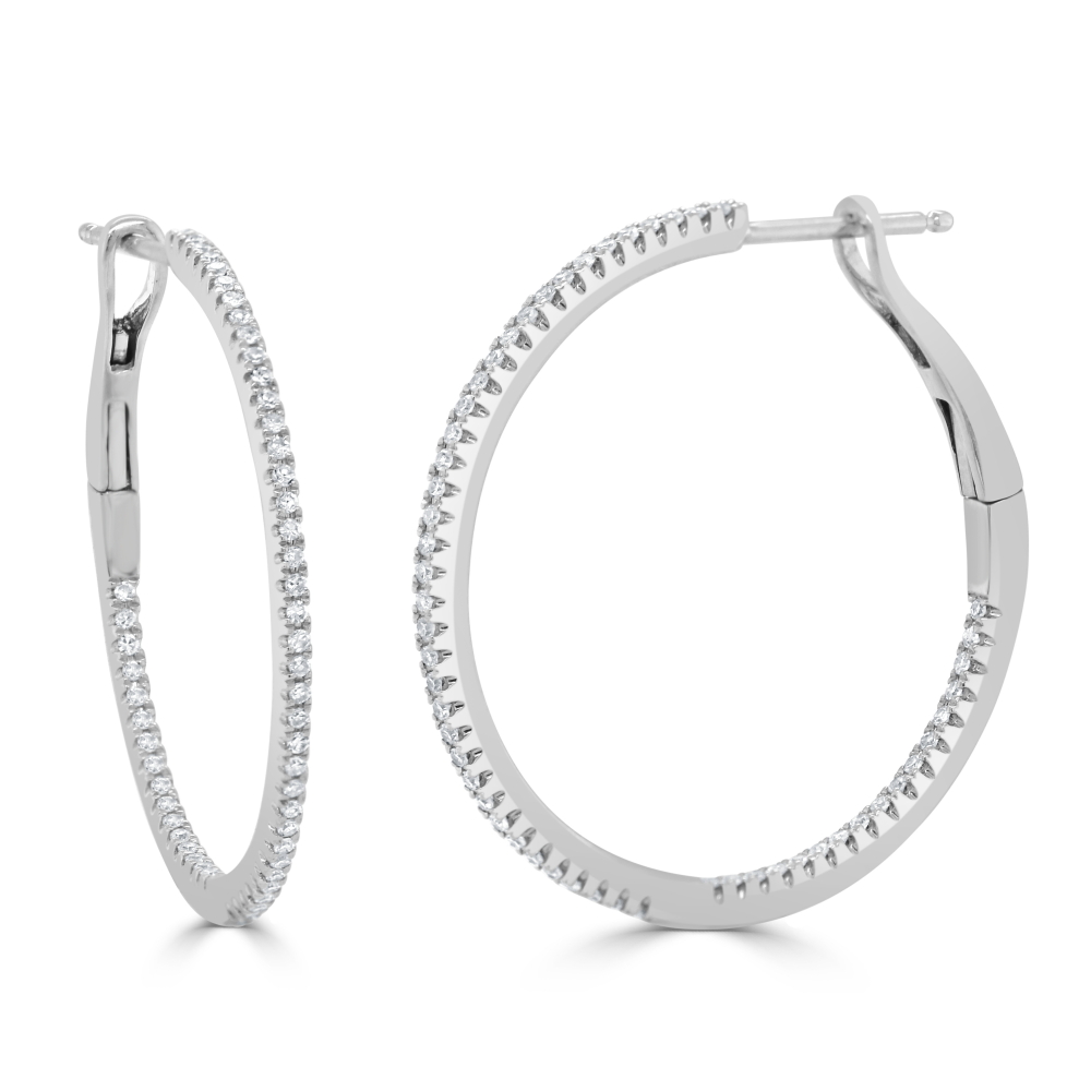 14K White Gold In & Out Skinny Hoops with .31ctw Diamonds 1″ Earrings