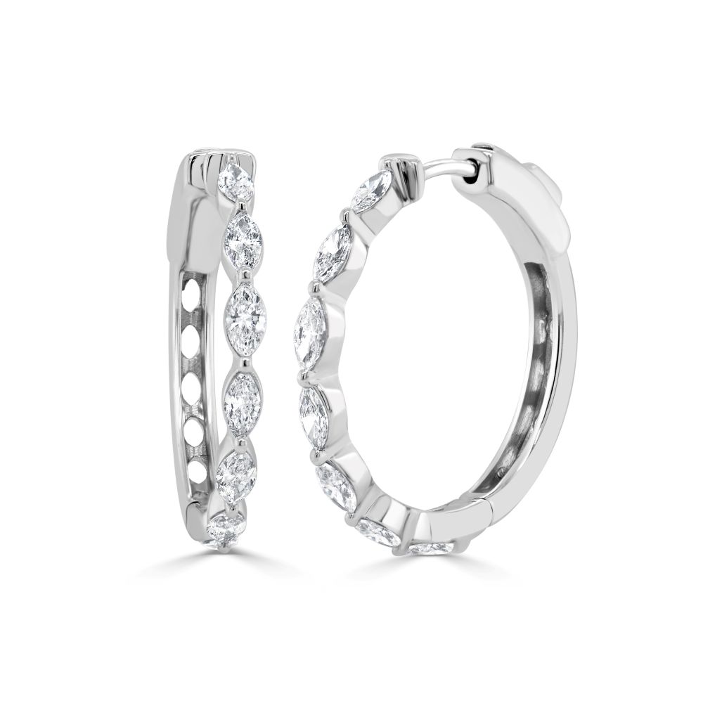 14K White Gold Huggies with 1.19ctw Marquise Diamonds Earrings