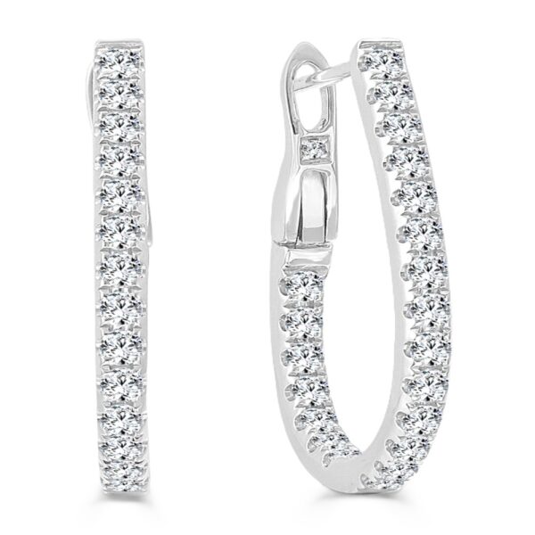 14K White Gold In & Out Tear Drop Hoops with .68ctw Diamonds 3/4″ Earrings 3