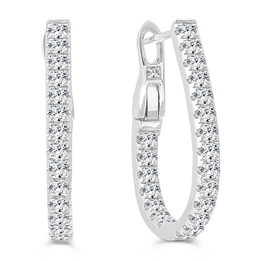 14K White Gold In & Out Tear Drop Hoops with .68ctw Diamonds 3/4″ Earrings
