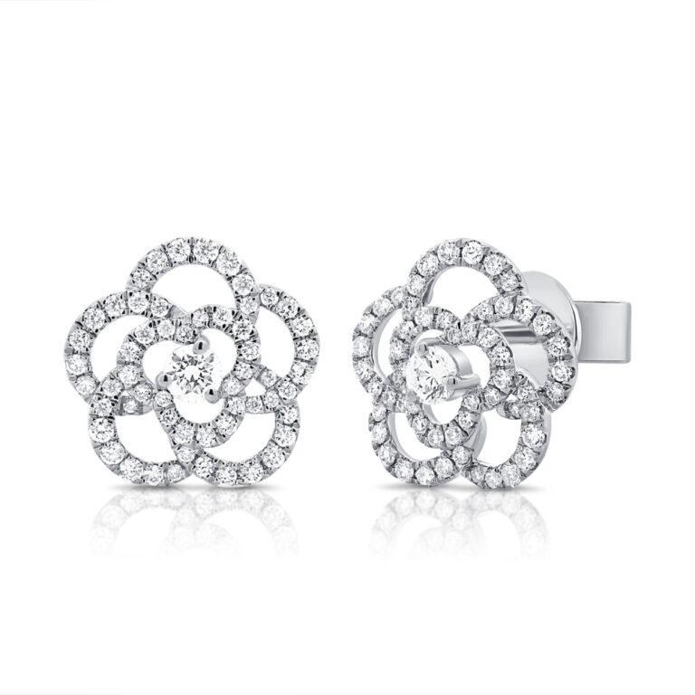 14K White Gold Flower Shape Studs with .98ctw Diamonds Earrings 2