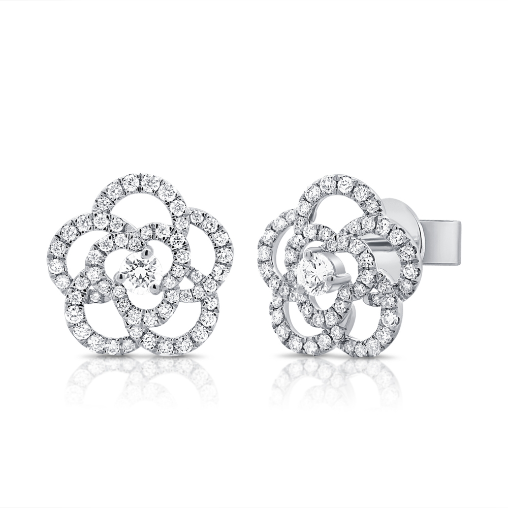 14K White Gold Flower Shape Studs with .98ctw Diamonds Earrings