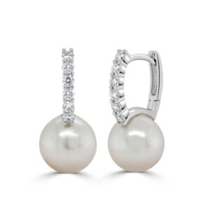 14K White Gold Huggies with 8.3mm Pearls & .36ctw Diamonds