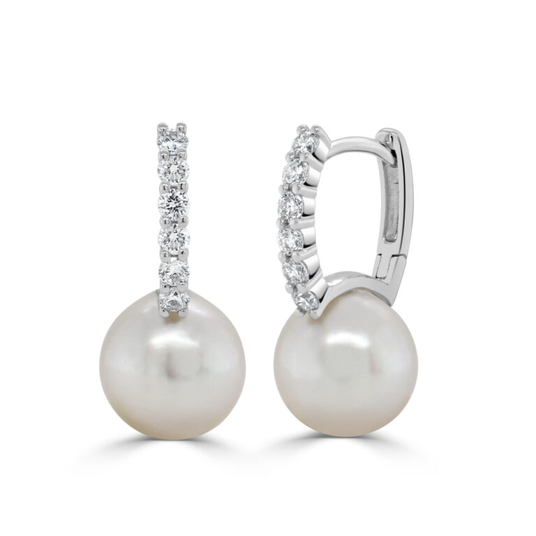 14K White Gold Huggies with 8.3mm Pearls & .36ctw Diamonds Earrings 2