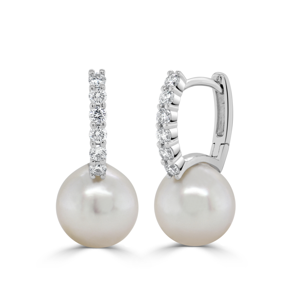 14K White Gold Huggies with 8.3mm Pearls & .36ctw Diamonds Earrings