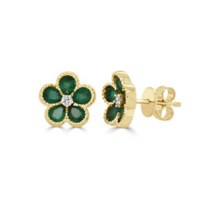 14K Yellow Gold Flower Studs with 1.31ctw Pear Green Emeralds & .07ctw Diamonds