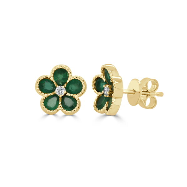 14K Yellow Gold Flower Studs with 1.31ctw Pear Green Emeralds & .07ctw Diamonds Earrings 3