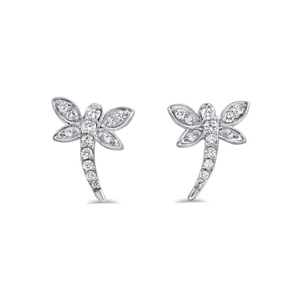 14K White Gold Dragonfly Studs with .18ctw Diamonds Earrings