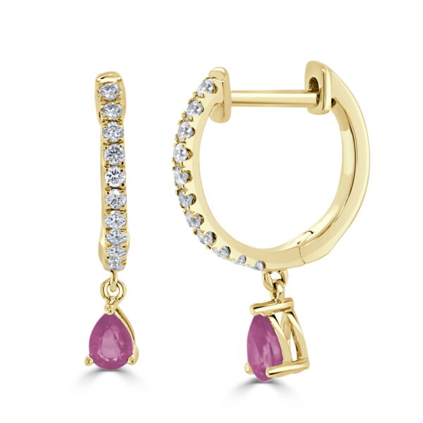 14K Yellow Gold Dangle Huggies with .25ctw Pear Pink Tourmaline & .18ctw Diamonds Earrings 3